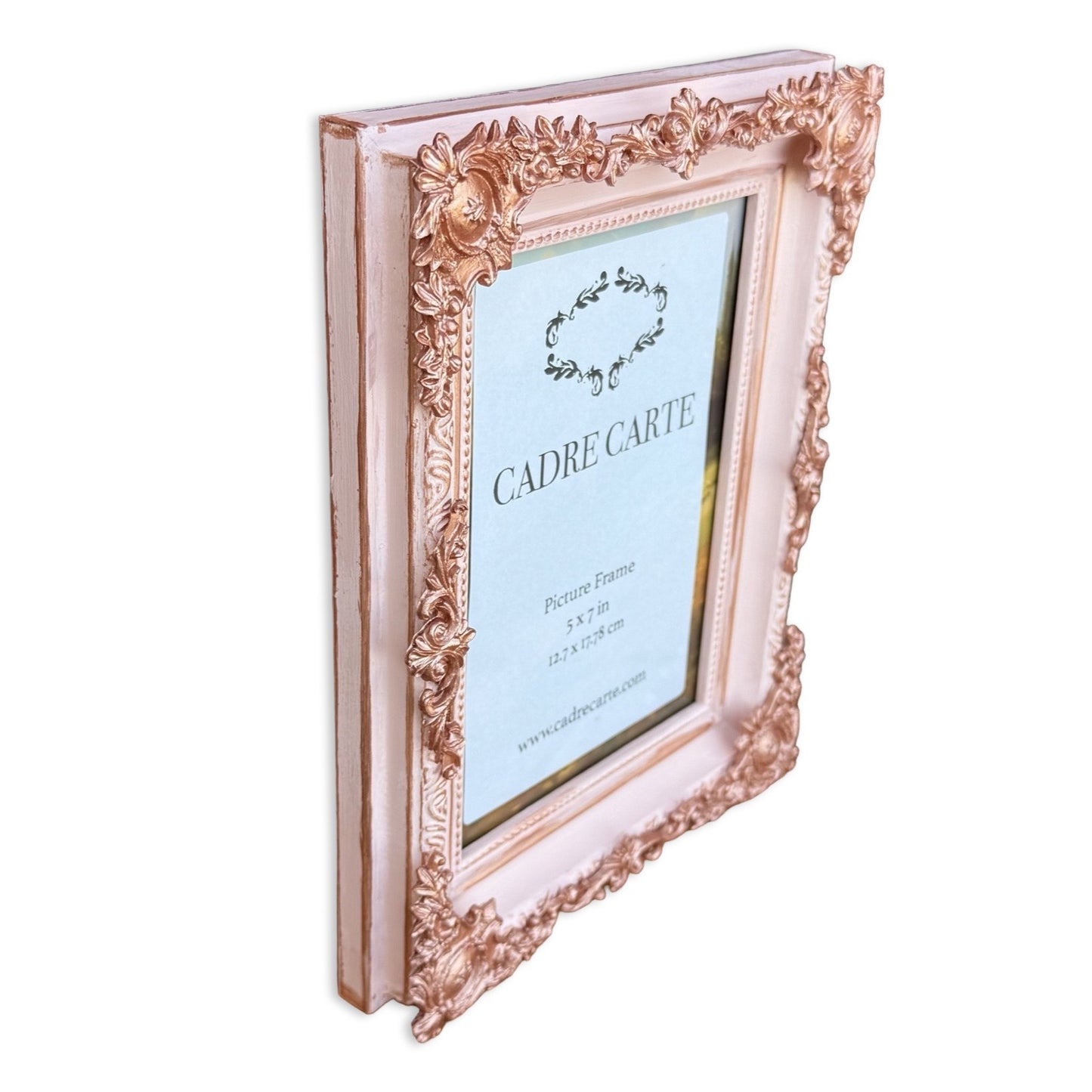 Baroque 5x7 Ornate Picture Frame Handpainted Light Pink with Rose Gold Filigree