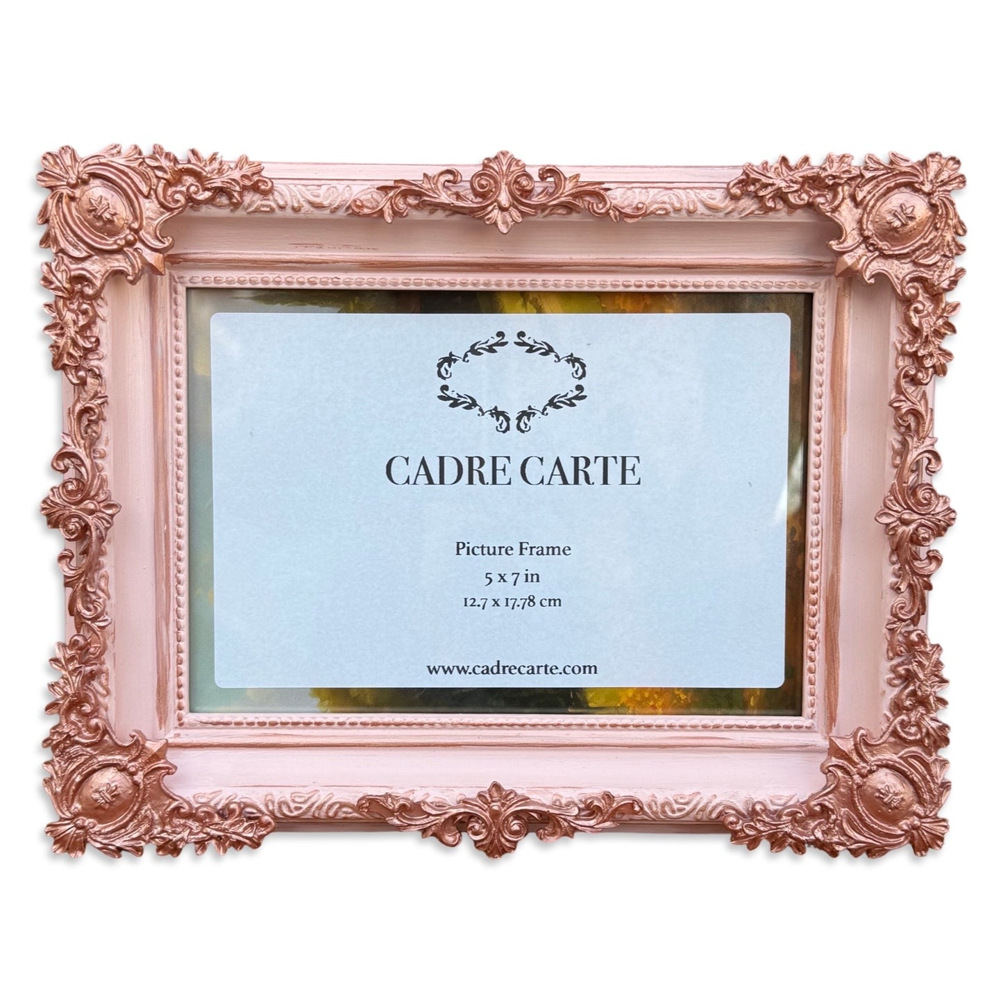 Baroque 5x7 Ornate Picture Frame Handpainted Light Pink with Rose Gold Filigree