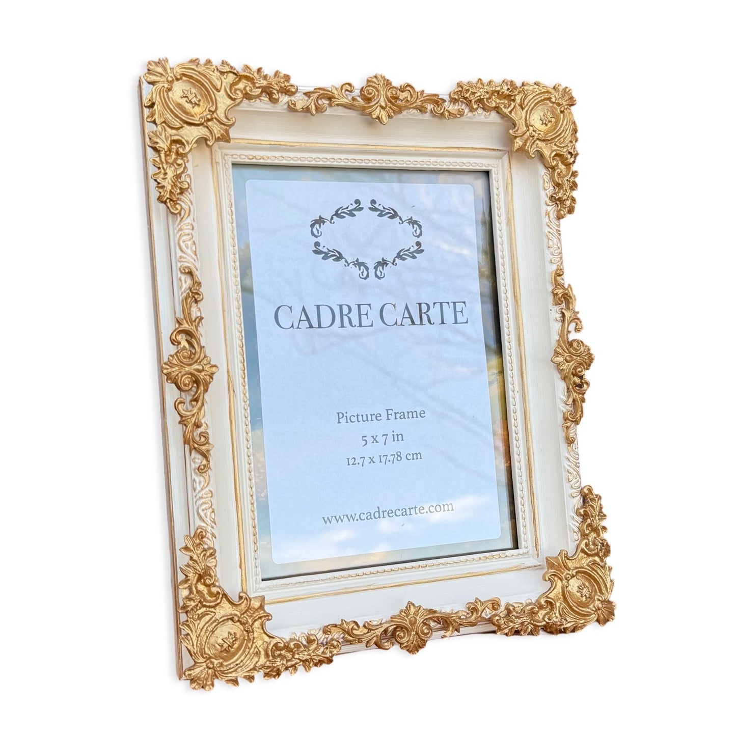 Baroque 5x7 Ornate Picture Frame Handpainted Antique White with Gold Filigree