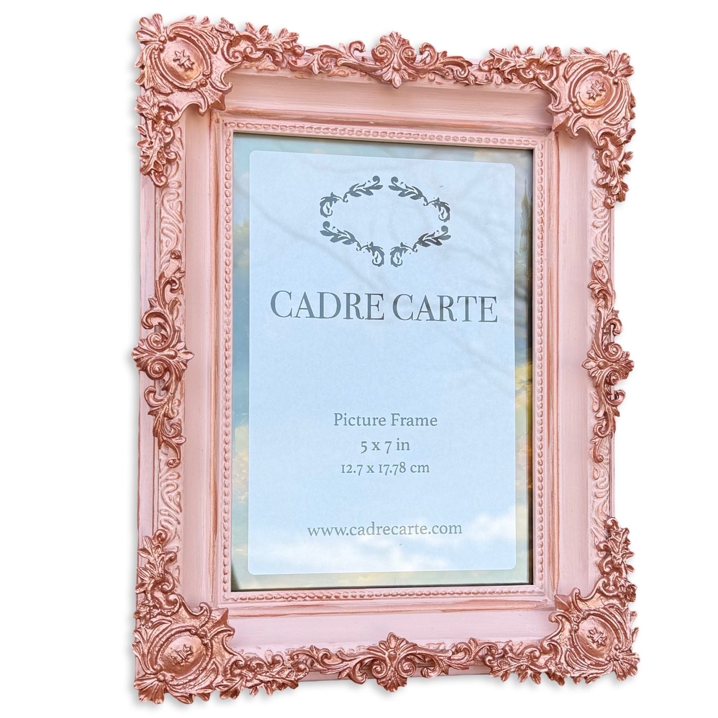 Baroque 5x7 Ornate Picture Frame Handpainted Light Pink with Rose Gold Filigree