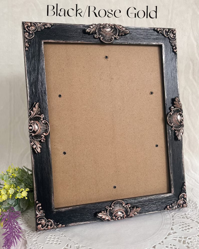 Handmade Solid Wood Ornate Photo Frame, Black with Metallic Accents