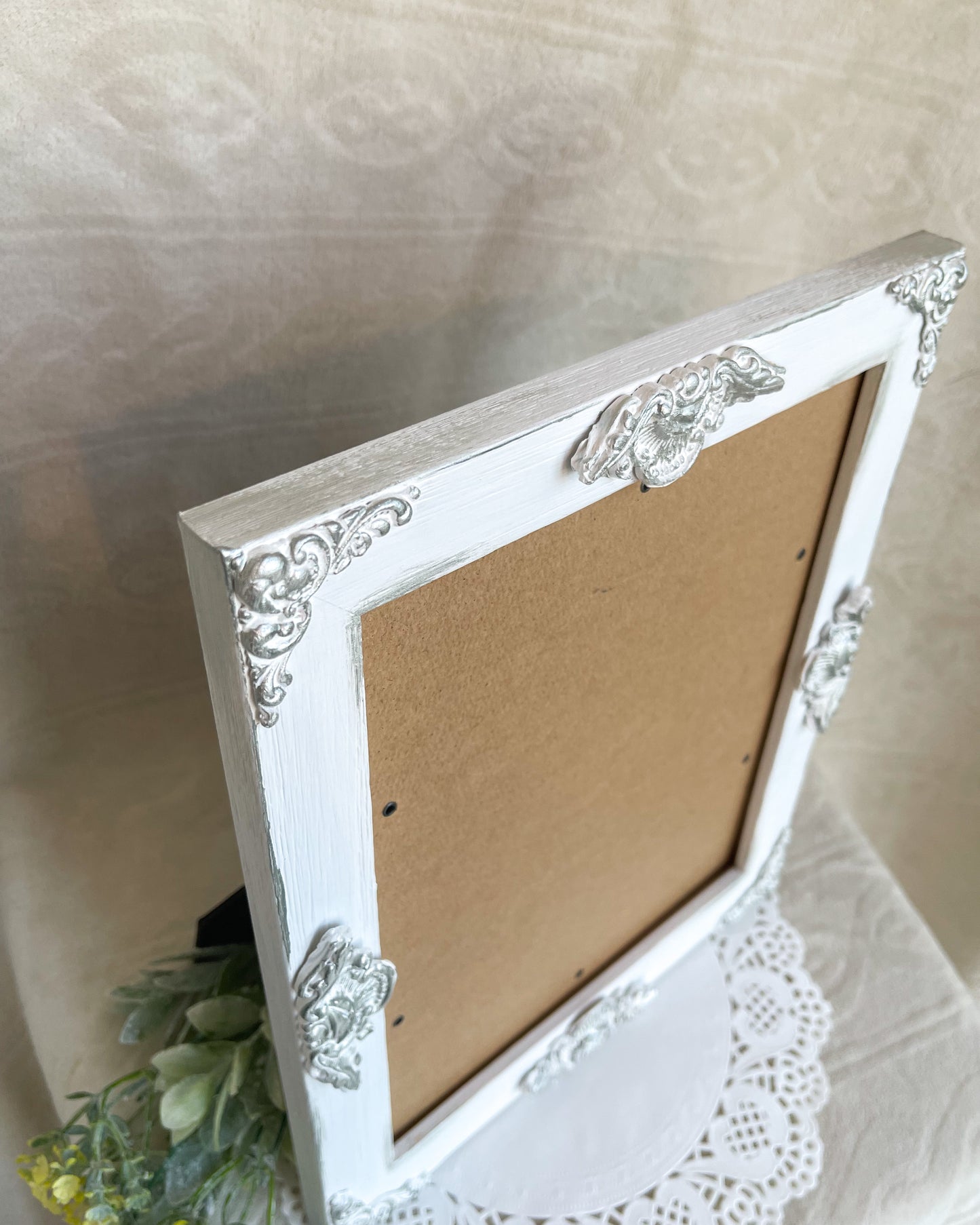 Handmade Solid Wood Ornate Photo Frame, White with Silver Accents