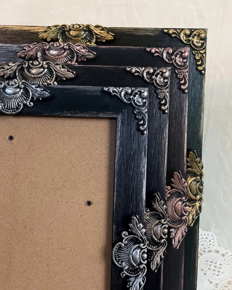 Handmade Solid Wood Ornate Photo Frame, Black with Metallic Accents