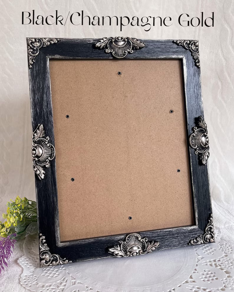 Handmade Solid Wood Ornate Photo Frame, Black with Metallic Accents