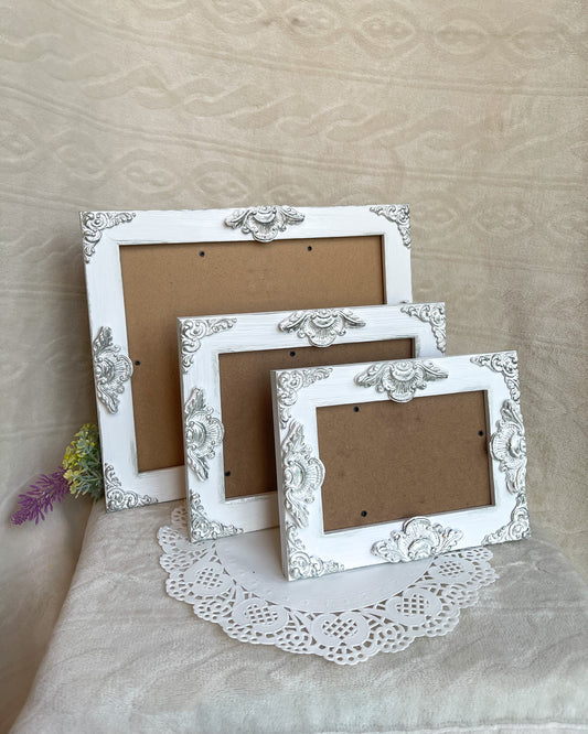 Handmade Solid Wood Ornate Photo Frame, White with Silver Accents