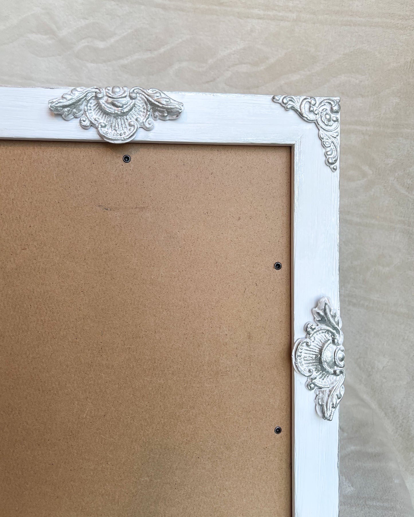 Handmade Solid Wood Ornate Photo Frame, White with Silver Accents