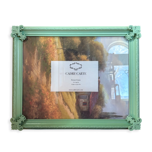 Ornate 11x14 Picture Frame: Mint Green with Handmade Resin Scroll Filigree Embellishments