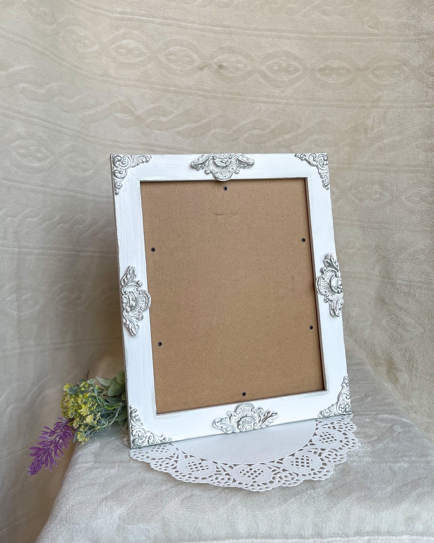 Handmade Solid Wood Ornate Photo Frame, White with Silver Accents