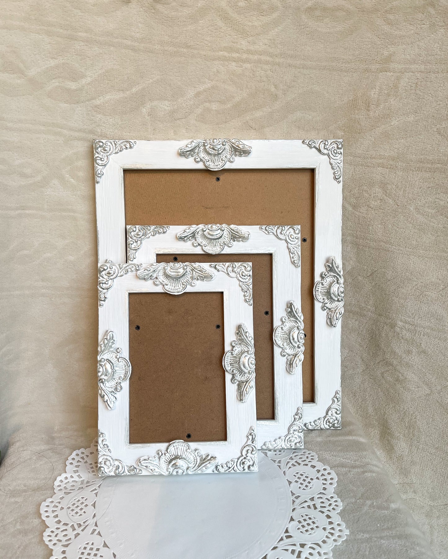 Handmade Solid Wood Ornate Photo Frame, White with Silver Accents