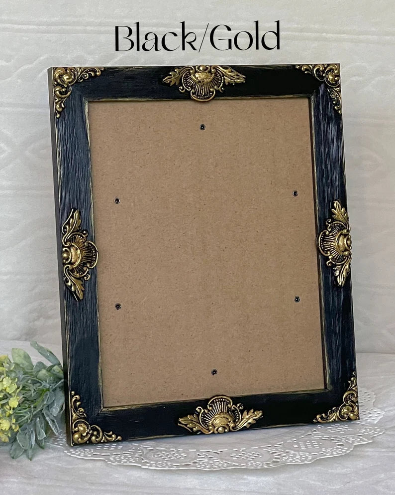 Handmade Solid Wood Ornate Photo Frame, Black with Metallic Accents