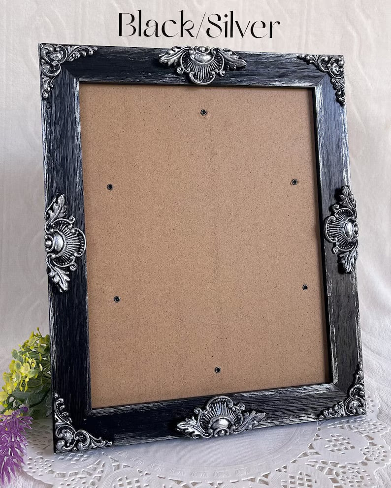 Handmade Solid Wood Ornate Photo Frame, Black with Metallic Accents