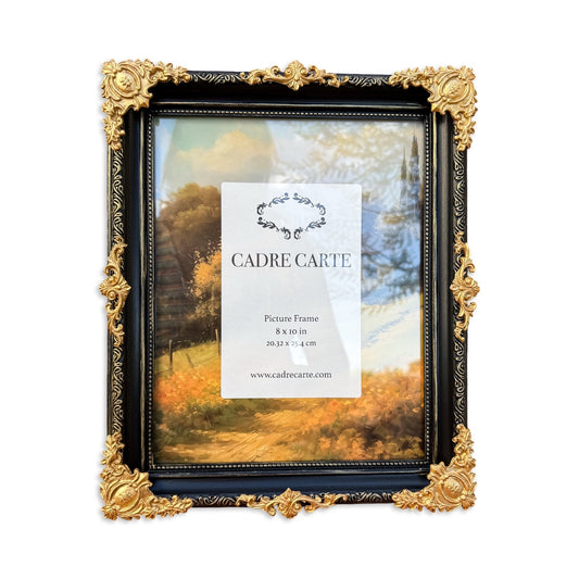 Baroque 8x10 Picture Frame: Hand-Painted Black & Gold, Resin Filigree