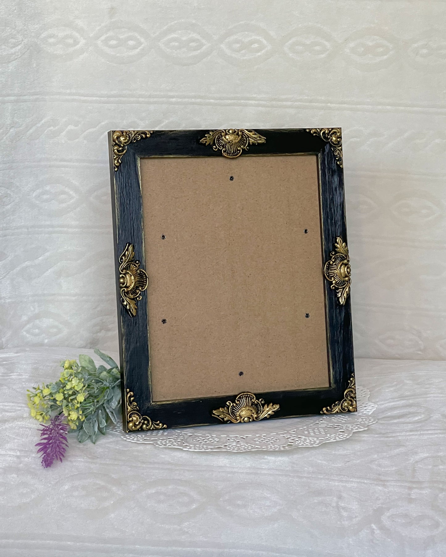 Handmade Solid Wood Ornate Photo Frame, Black with Gold Accents