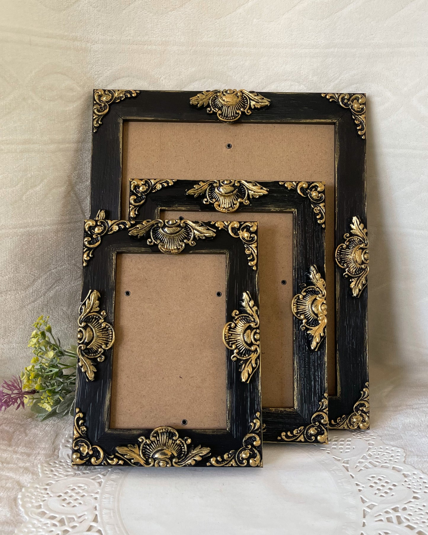 Handmade Solid Wood Ornate Photo Frame, Black with Gold Accents