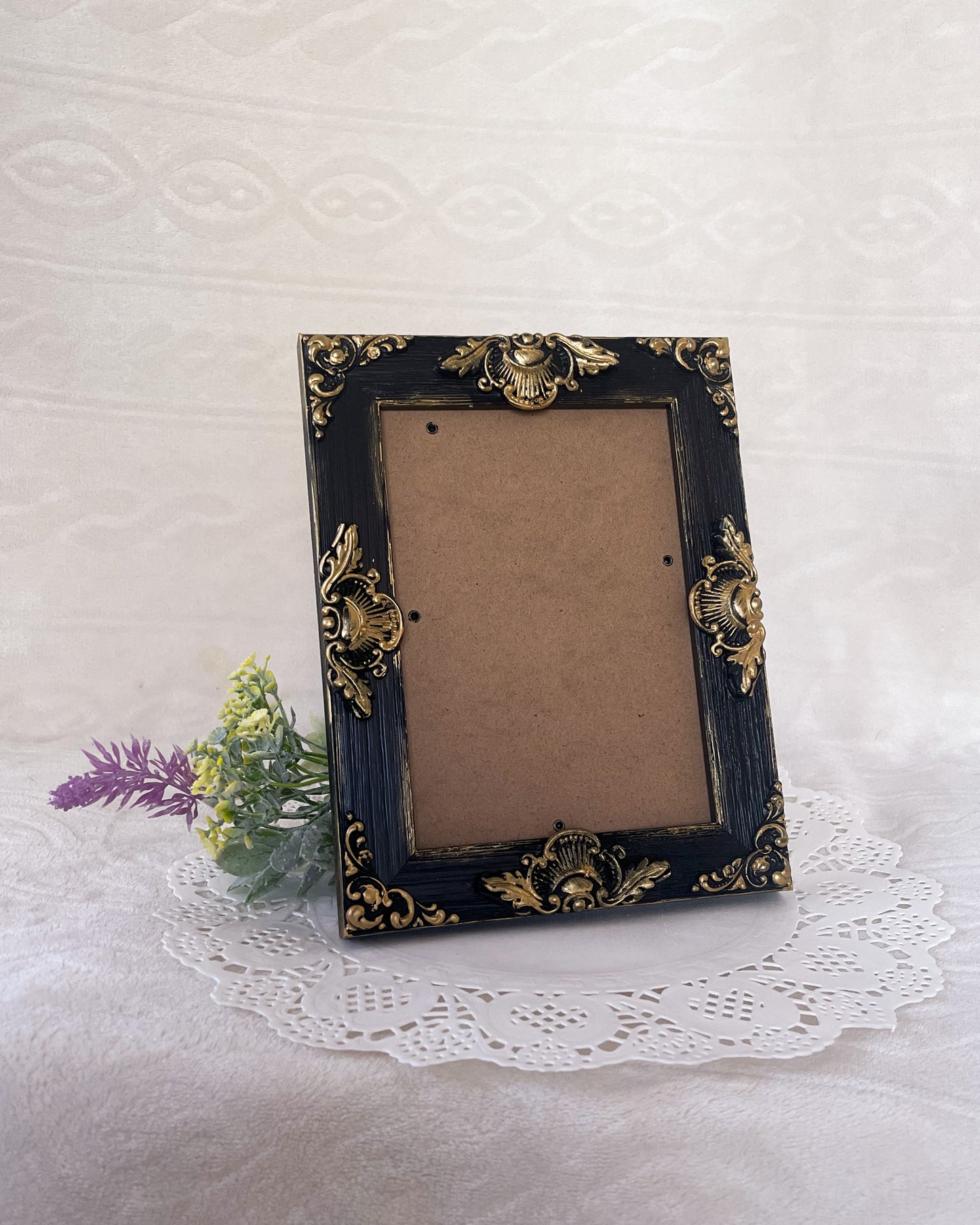 Handmade Solid Wood Ornate Photo Frame, Black with Gold Accents