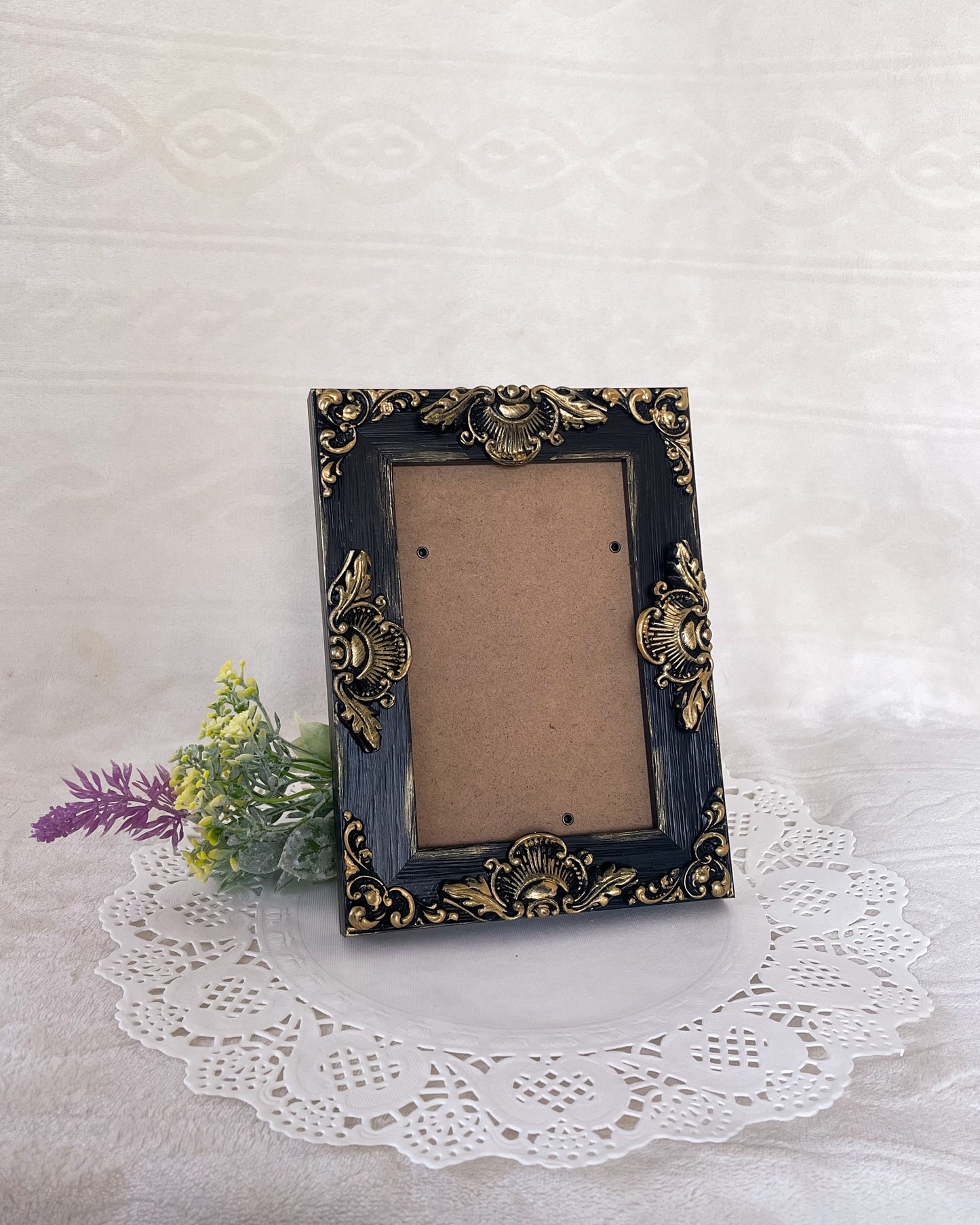 Handmade Solid Wood Ornate Photo Frame, Black with Gold Accents